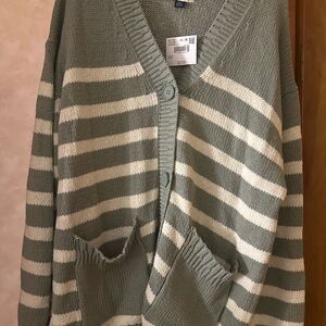 American Eagle Outfitters Green and Cream Striped Cardigan